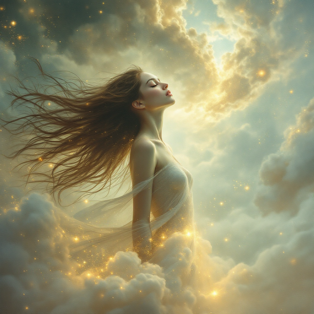 A woman stands amidst ethereal clouds, her hair flowing, surrounded by golden light, embodying the dreamlike essence of awareness and the beauty of transient moments.