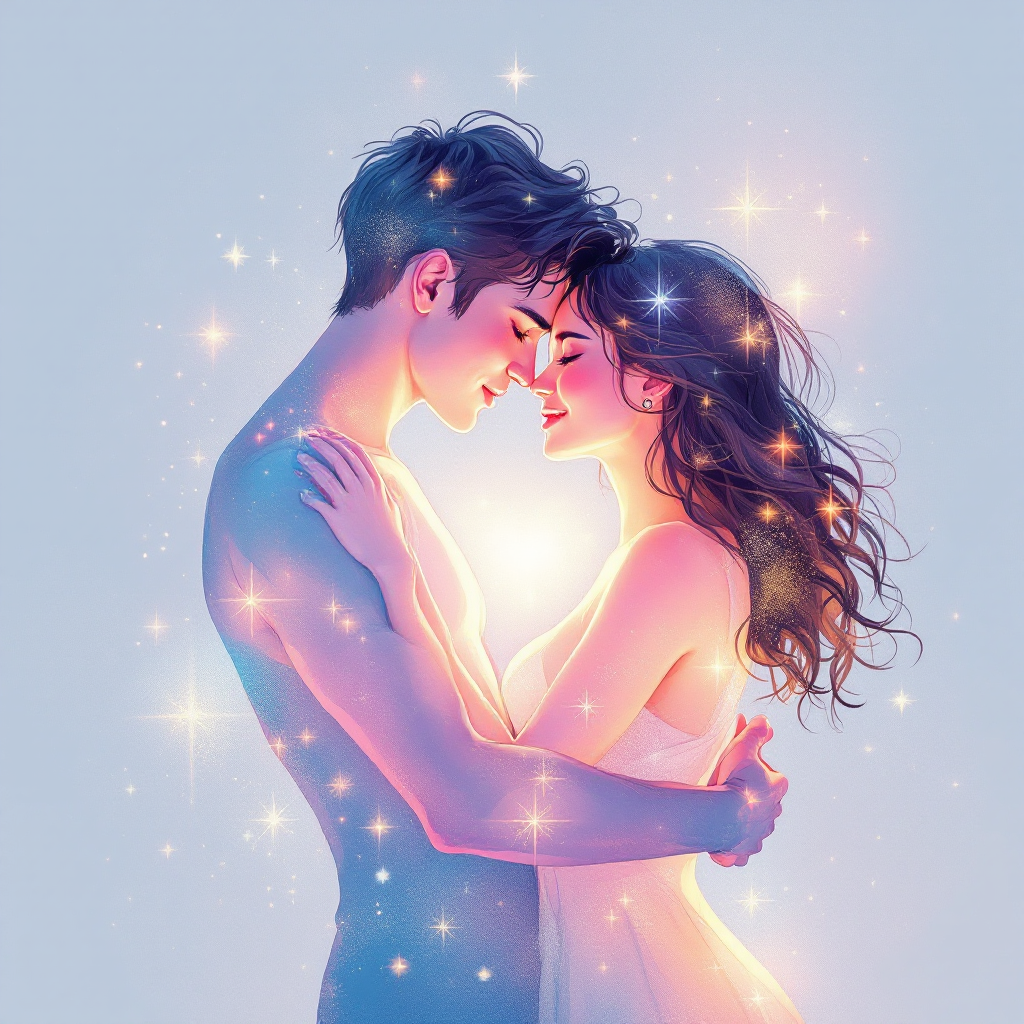 A couple embraces warmly, surrounded by a soft glow and shimmering stars, embodying the sentiment that every touch and kiss holds promises of love and connection.