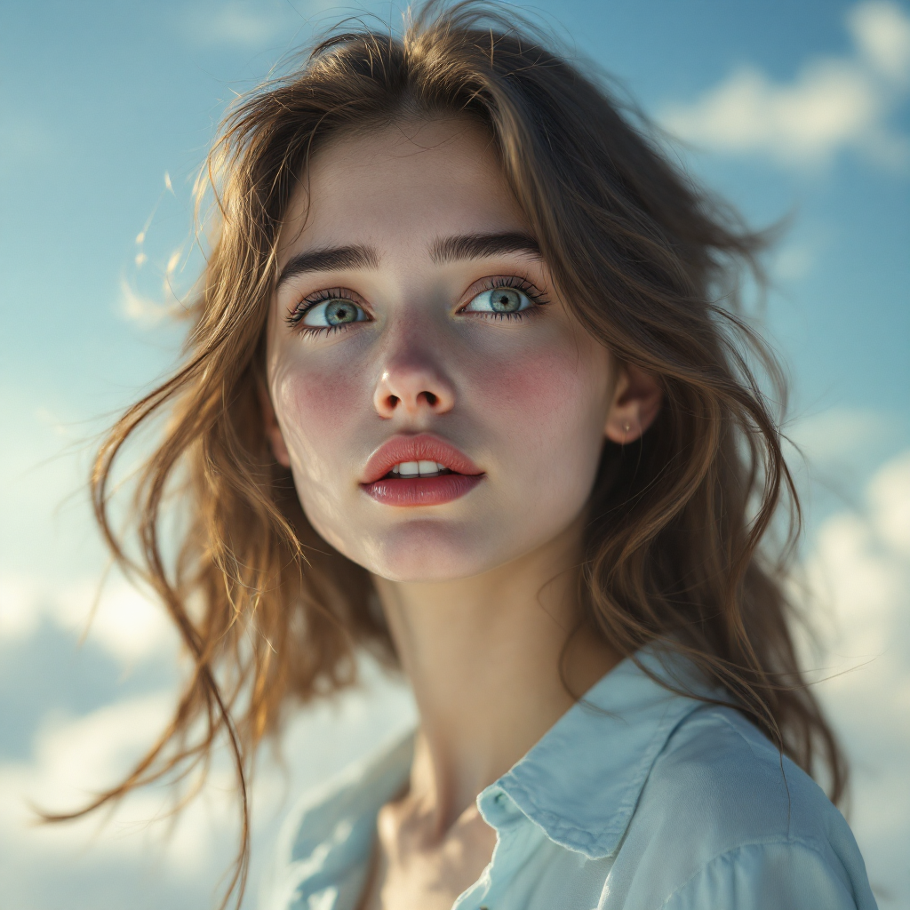 A young woman with radiant blue eyes gazes intently into the distance, her hair gently tousled by the wind against a backdrop of soft clouds and a bright sky.