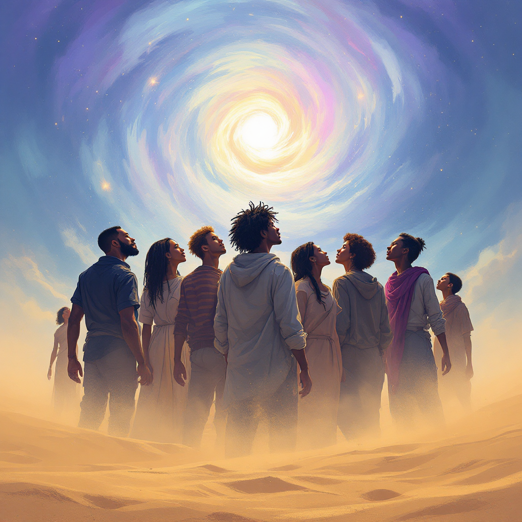 A group of diverse individuals stands in a sandy landscape, gazing up at a swirling, colorful sky, embodying the quest for belonging and purpose in the world.