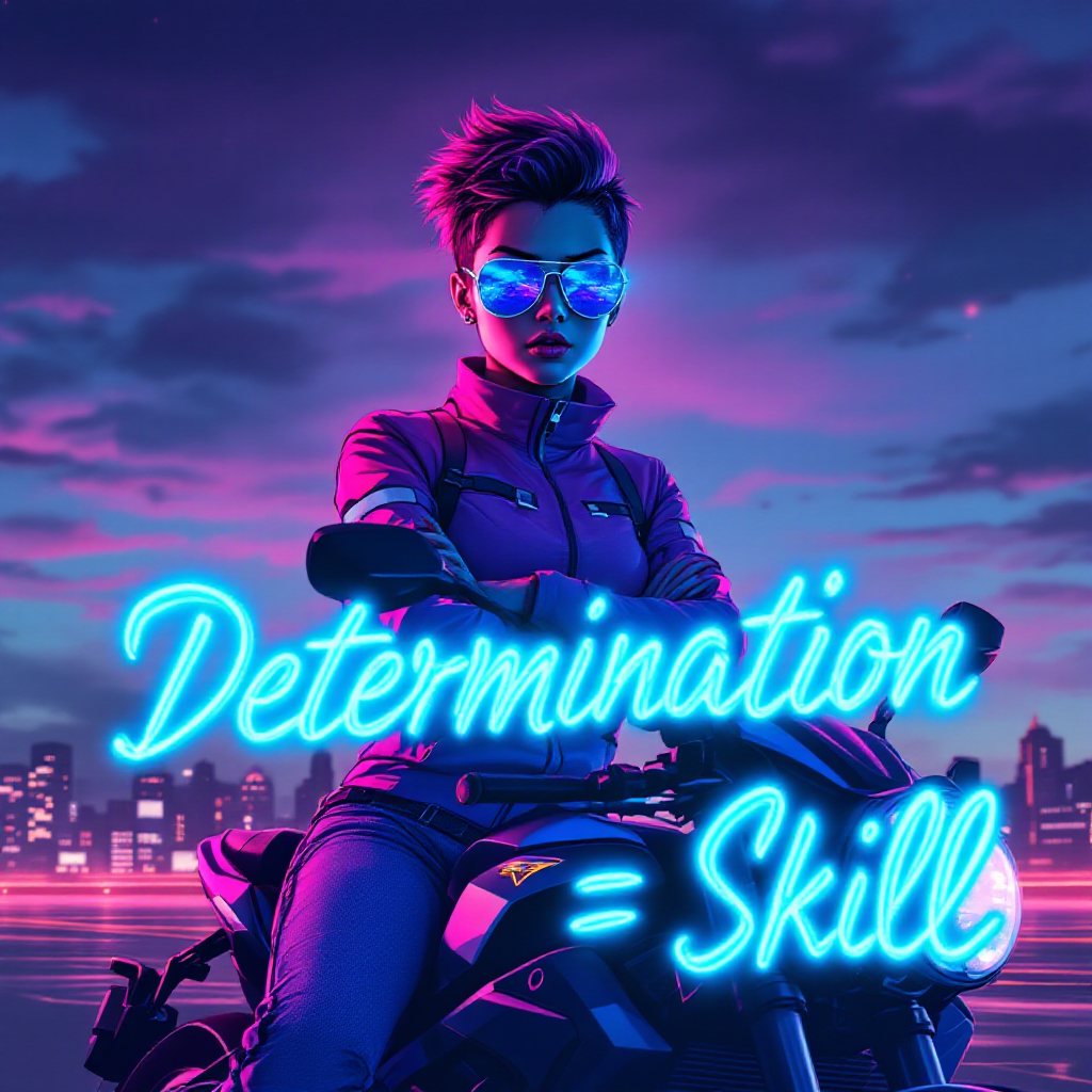 A futuristic, confident figure on a motorcycle gazes determinedly over a city skyline, illuminated by vibrant neon text reading Determination = Skill.