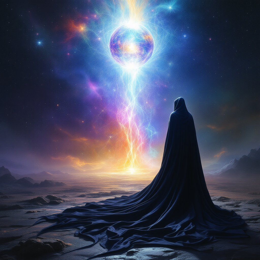 A cloaked figure stands before a radiant celestial sphere, casting vibrant light across the dark landscape, embodying the contrast of brightness and shadow.