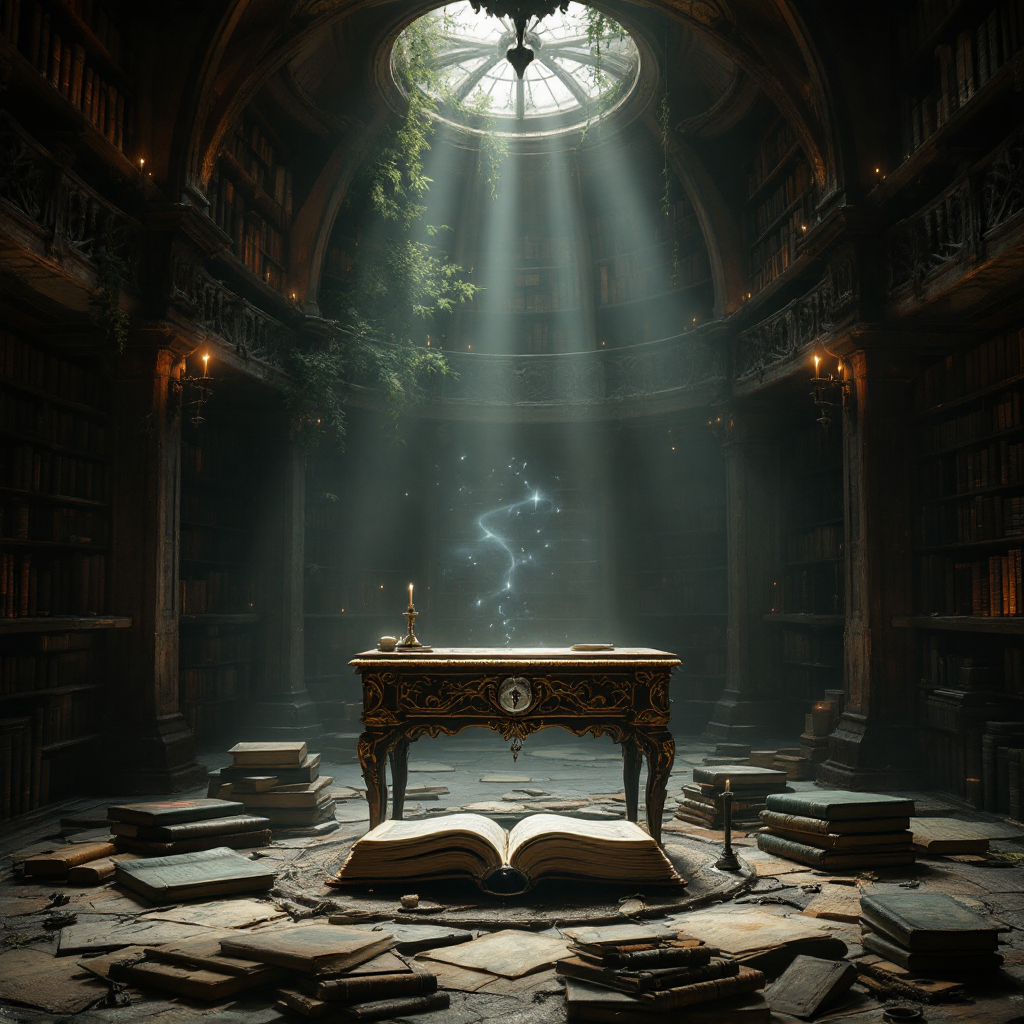 A dimly lit, ancient library filled with scattered books and dust. A single illuminated desk holds an open book, evoking the question: What is the fate of a story untold?