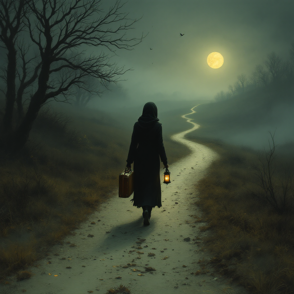 A figure in a dark coat walks down a winding path illuminated by moonlight, carrying a lantern and a suitcase, embodying the quote about carrying grief through life's journey.