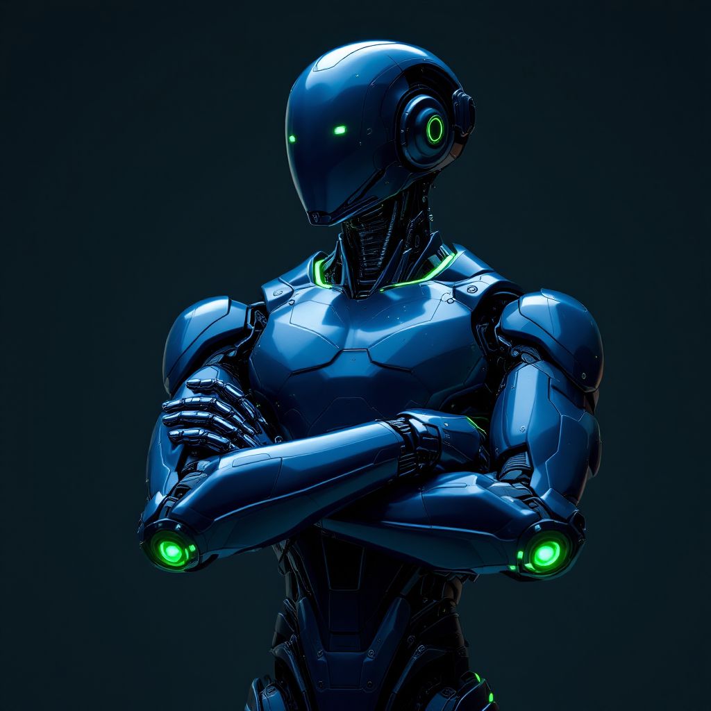 A sleek blue humanoid robot stands with arms crossed, illuminated by green accents, embodying a theme of ownership and caution from the quote: If you do not want to be taken, do not take what is not yours.