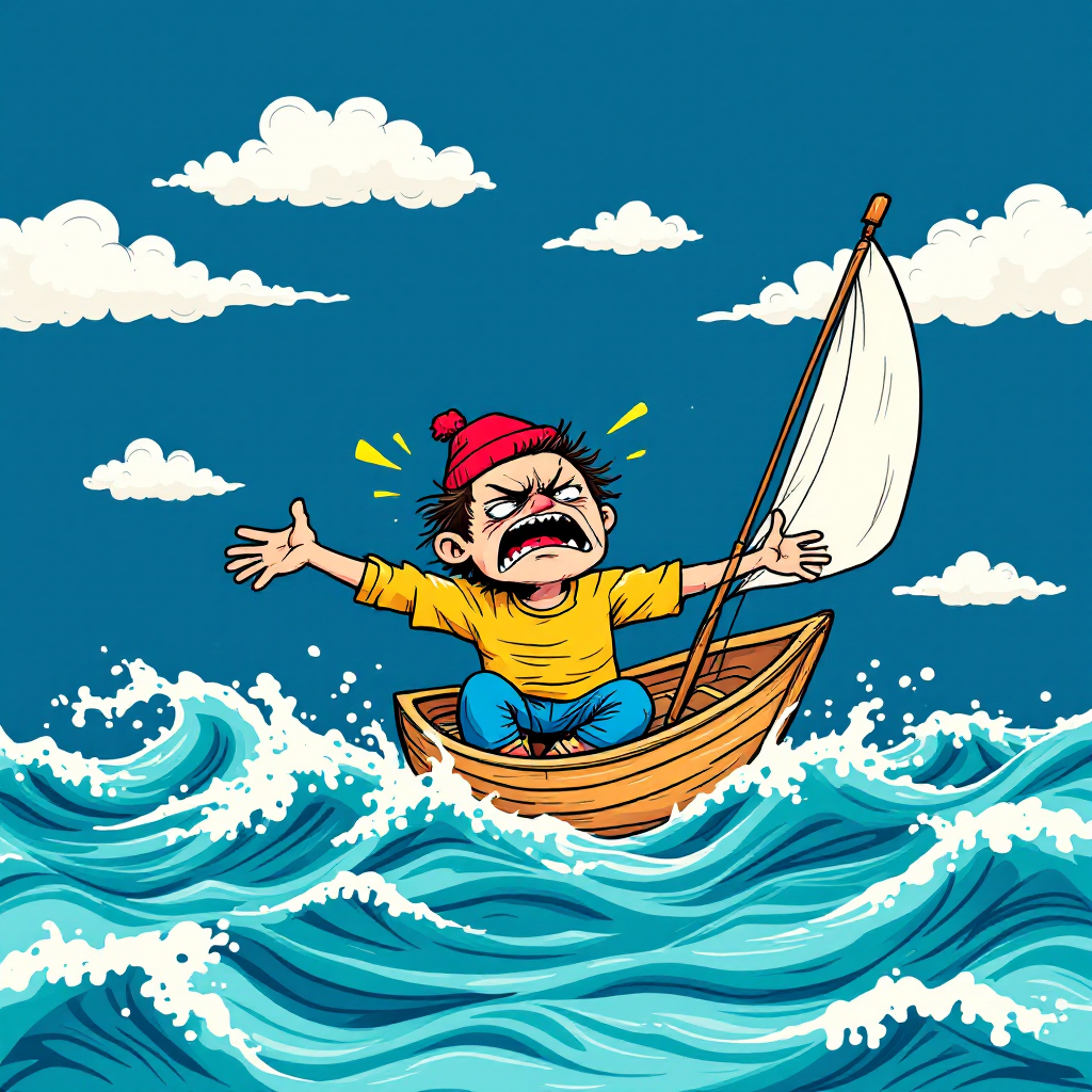 A frustrated child in a small boat battles towering waves, arms outstretched in exasperation, embodying the struggle of feeling out of control amid chaos.