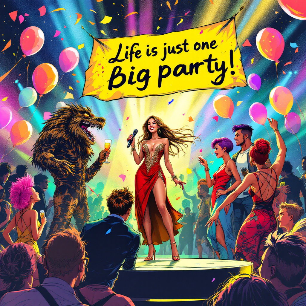 A vibrant party scene features a glamorous singer on stage, a playful creature in the crowd, and colorful balloons, embodying the quote: Life is just one big party!