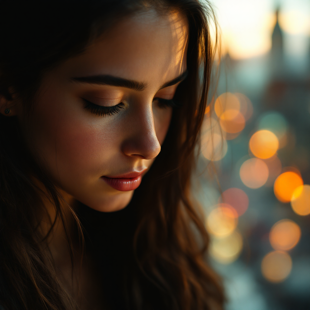 A contemplative woman gazes downward, her features softly illuminated by warm, bokeh city lights, embodying the essence of choice amidst infinite possibilities.