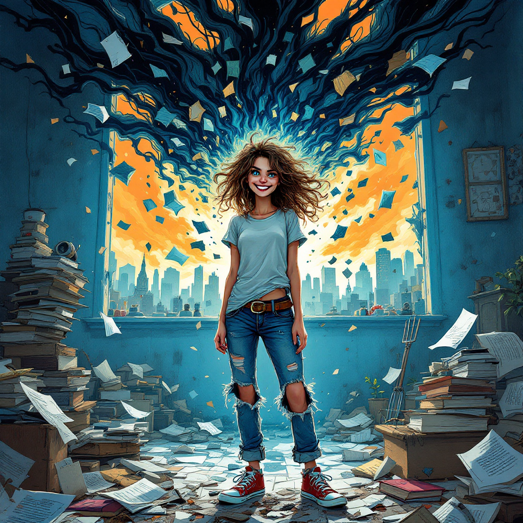 A girl stands amid piles of books and scattered papers, with an explosion of colorful papers and vibrant light behind her, embodying the playful chaos of driving others crazy.