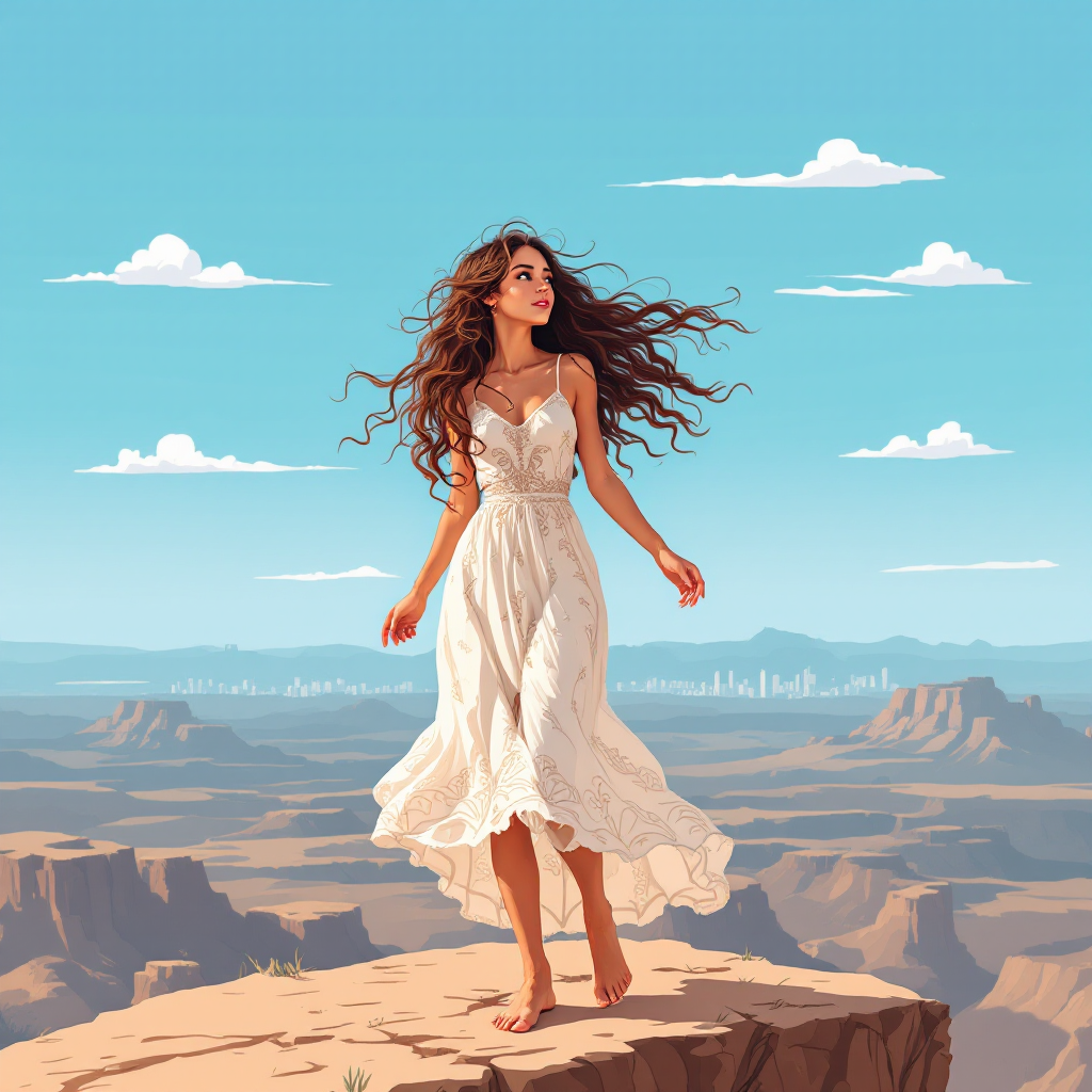 A woman in a flowing white dress stands barefoot on a cliff, overlooking a vast canyon landscape, embodying the essence of freedom and happiness.