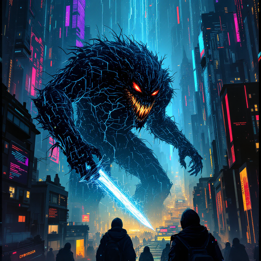 A towering, shadowy monster with glowing eyes and sharp features stands menacingly over two figures in a neon-lit urban landscape, embodying the tension between hero and villain in every story.