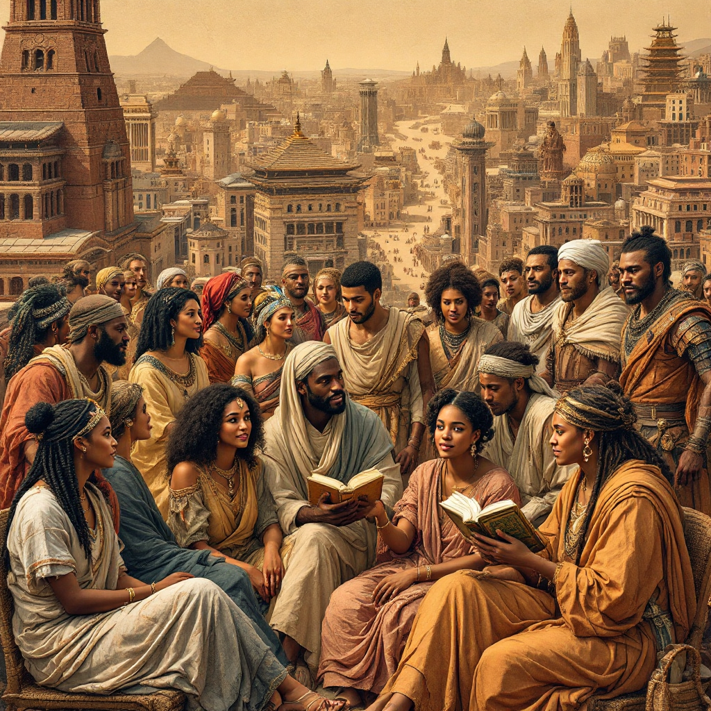 A diverse group of people gathers in an ancient cityscape, engaged in discussion while holding books, reflecting the importance of varied voices in understanding history.