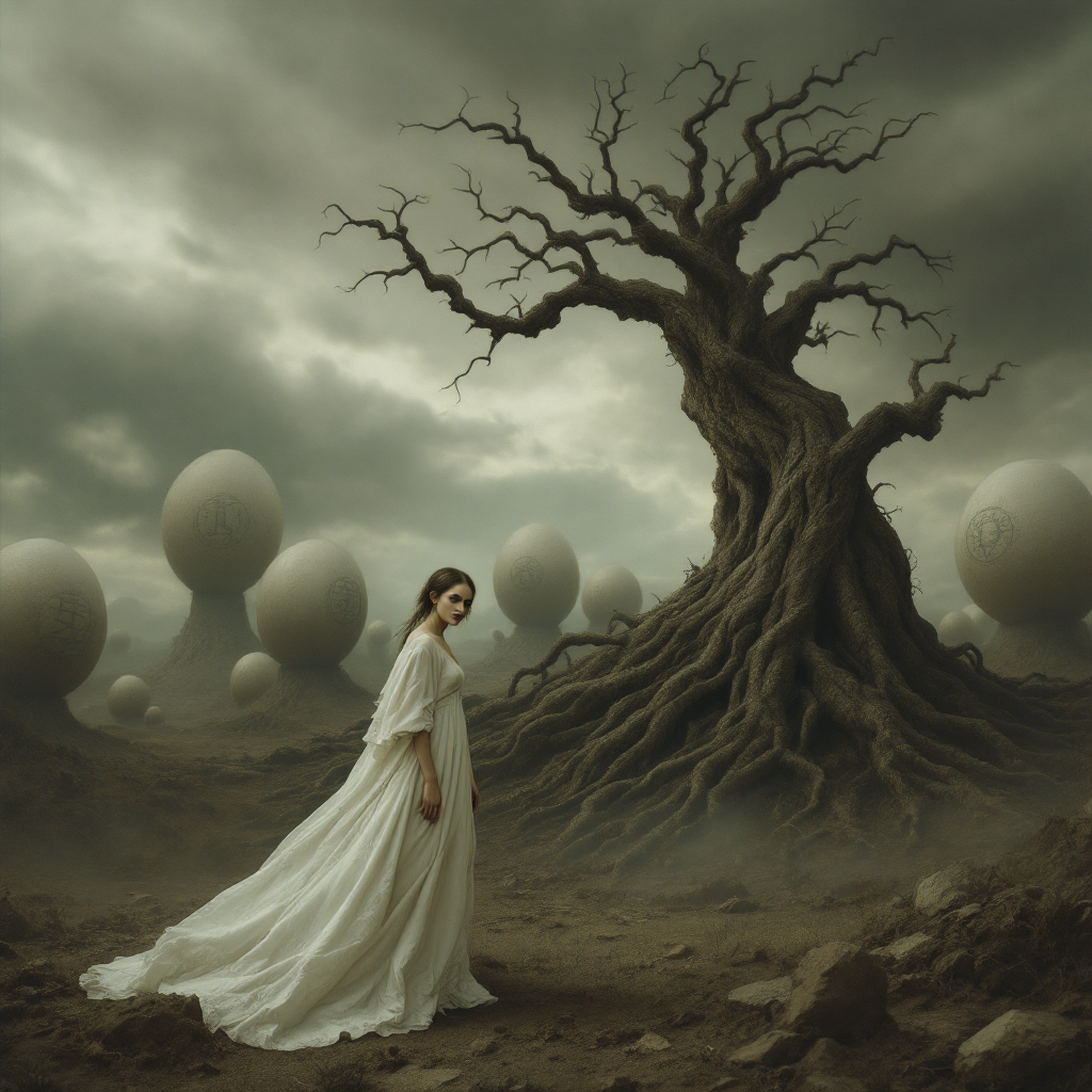 A woman in a flowing white dress stands near a gnarled tree in a surreal landscape filled with surreal eggs against a dark, moody sky, reflecting the quote about the persistent nature of the past.