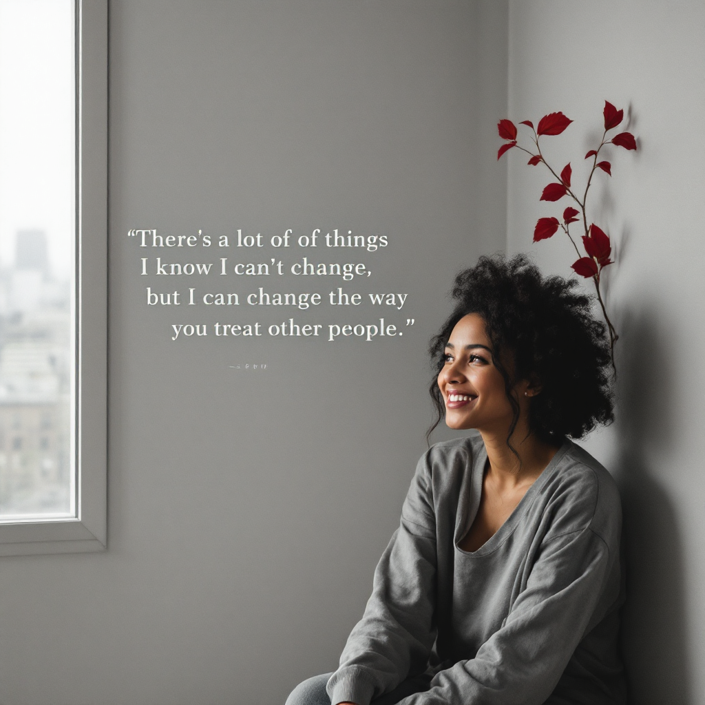 A person with curly hair smiles while sitting by a window. A quote about personal change and treating others well overlays the image, emphasizing kindness and personal growth.