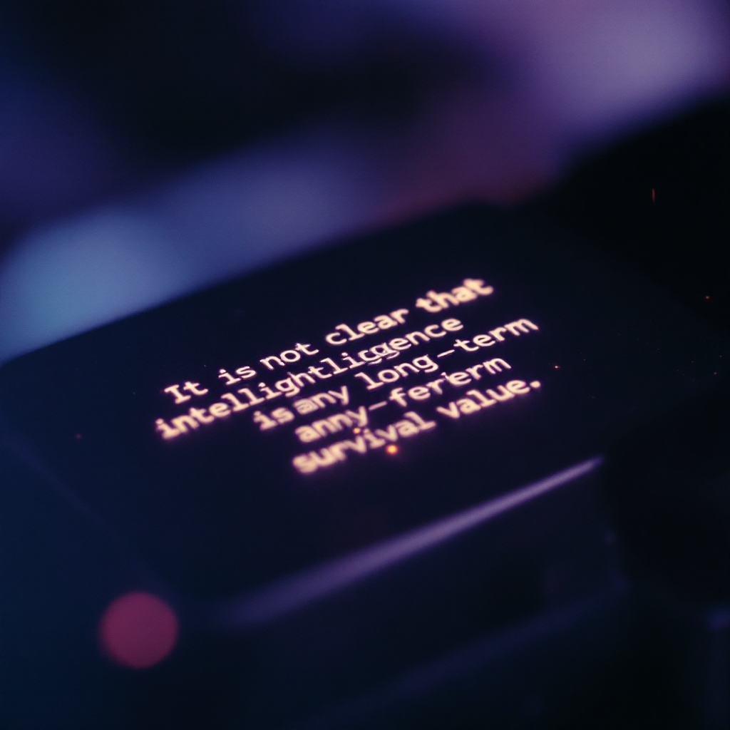 A close-up of a dark surface with glowing text that reads, It is not clear that intelligence has any long-term survival value, against a blurred, colorful background.