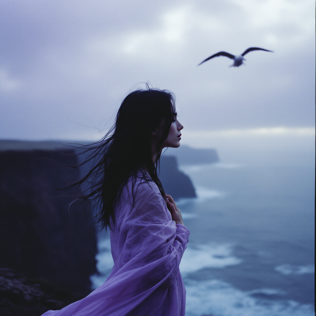 A figure in a flowing purple garment stands on a cliff, gazing thoughtfully at the turbulent ocean, as a bird soars overhead, embodying the bittersweet nature of hope and desire.