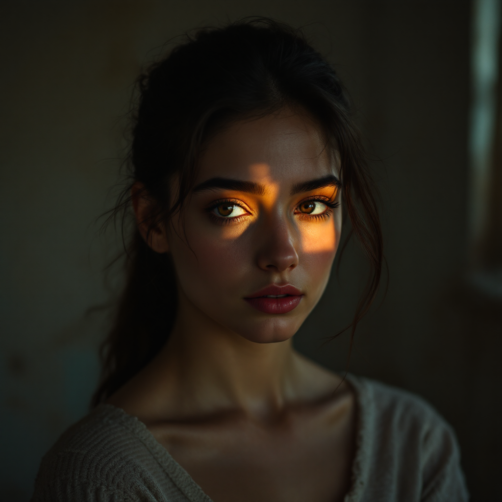 A close-up of a young woman's face, illuminated by a shaft of light piercing through darkness, embodying the essence of hope amid despair.