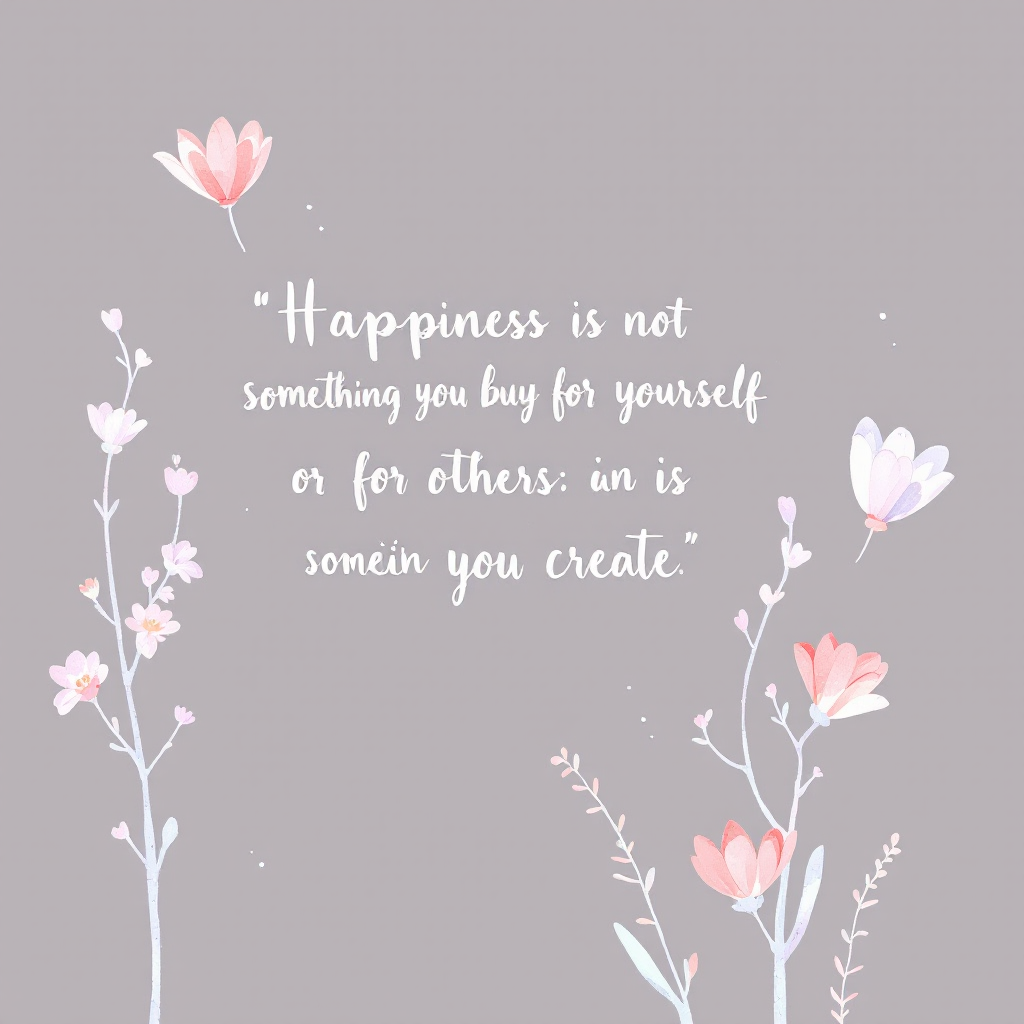 A pastel-colored background features delicate flowers on the sides, with the quote, “Happiness is not something you buy... it is something you create,” elegantly written in the center.