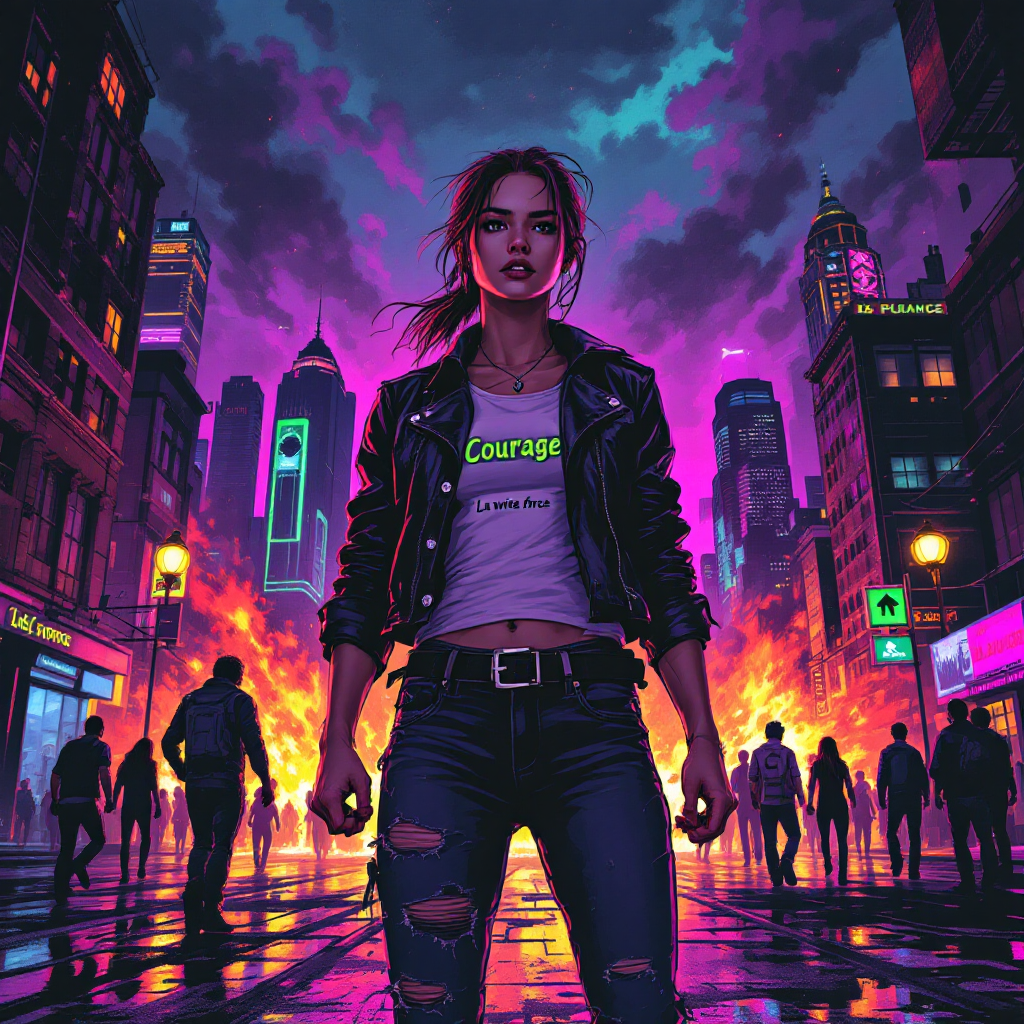 A determined woman stands confidently in a vibrant, chaotic cityscape, embodying real courage with the word Courage displayed on her shirt amidst fiery turmoil.