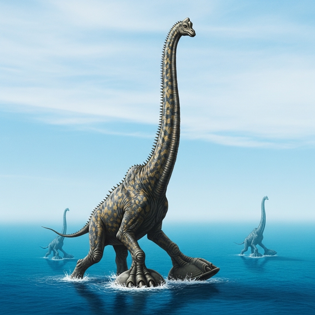 A colossal, spindly giraffe-like creature with broad, dish-shaped feet stands on the ocean surface, with two others in the distance beneath a clear blue sky.