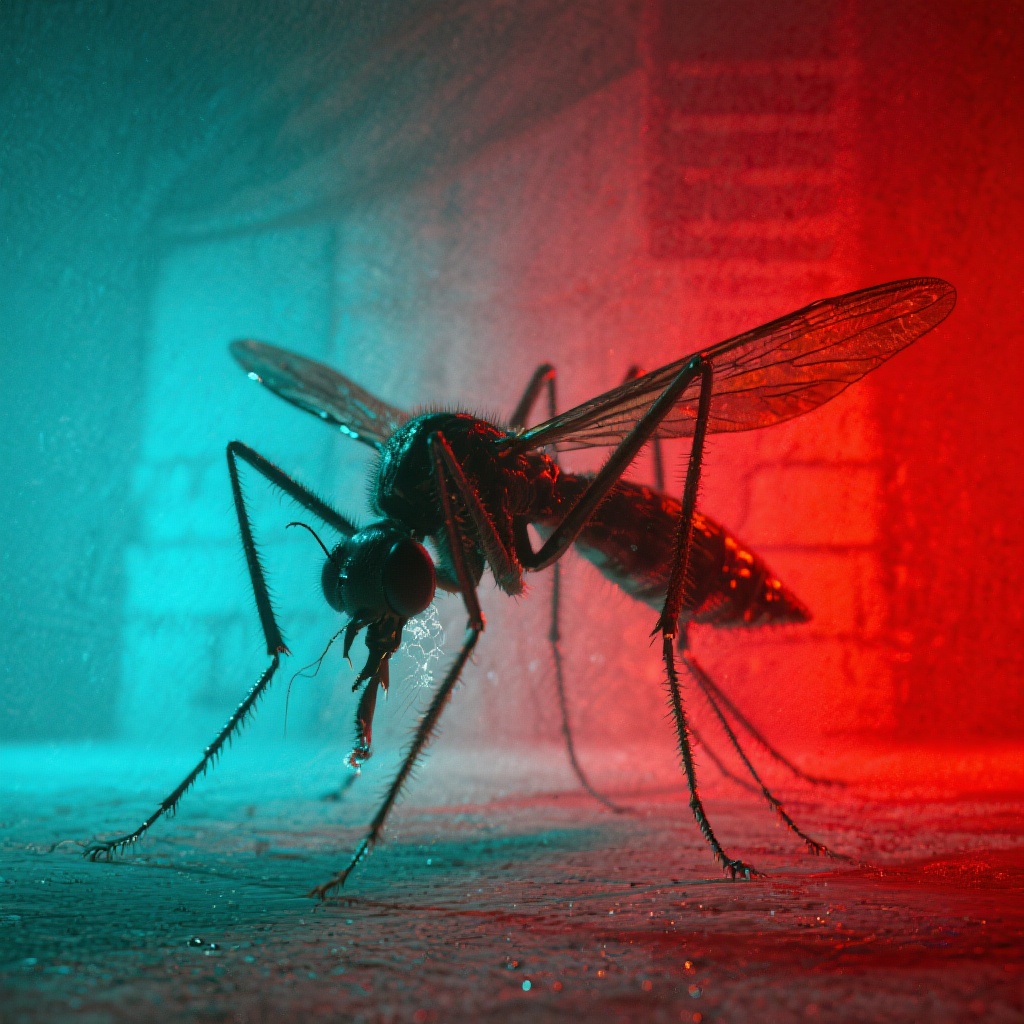 A large mosquito-like creature with glowing eyes in a dimly lit, eerie environment, symbolizing an anaesthetic effect that enables stealthy evasion before full manifestation.