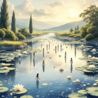 A serene river scene at sunset, depicting figures wading through water adorned with water lilies, symbolizing the quote Time is a river; we are but drops in its flow.