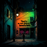 A shadowy alley at night features a solitary figure beneath a streetlamp. The phrase There's no such thing as a harmless word is prominently displayed on the wall in vibrant graffiti.