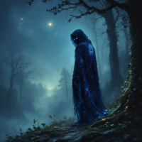 A figure cloaked in blue starlit fabric stands in a dark, misty forest, gazing at a starry sky, embodying the idea that fate is personal yet not entirely predetermined.