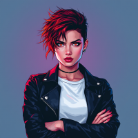 A confident young woman with a stylish short haircut and a leather jacket stands with arms crossed, embodying the essence of bravery from the quote: We are all what we choose to be.