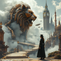 A figure in a long coat stands before a colossal lion statue amidst a fantastical cityscape, symbolizing courage and determination on the path to liberty.