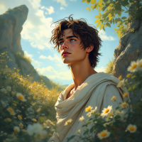 A young man in a light cloak stands in a sunlit meadow filled with daisies, gazing thoughtfully toward the horizon, embodying selflessness and reflection, reminiscent of Patroclus.