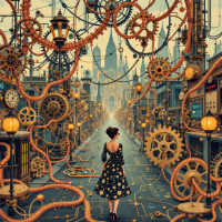 A woman in a polka-dot dress stands in a surreal, steampunk city filled with intricate gears, clocks, and intertwining pipes, symbolizing the interconnectedness of all things.