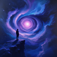 A figure stands on a cliff, gazing into a swirling galaxy of vibrant purples and blues, embodying the complexities of identity and unfulfilled desires.