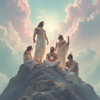 A group of five gods, draped in flowing robes, stands atop a rocky peak, bathed in soft, ethereal light, surrounded by fluffy clouds, embodying both power and vulnerability.