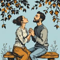 A couple sits on a bench, gazing into each other's eyes and holding hands, surrounded by leafy branches, embodying a deep emotional connection beyond mere words.