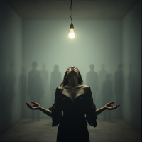 A woman stands in a dimly lit room, arms raised, gazing upward at a hanging light, surrounded by shadowy figures, embodying the idea that perception shapes our reality.