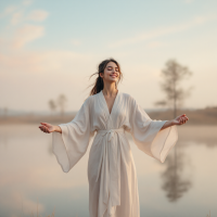 A woman in a flowing white robe stands by a serene lake, arms outstretched and smiling, embodying confidence and freedom from fear as the sun sets in the background.