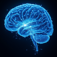 A glowing blue brain is depicted, with intricate patterns of light and energy, symbolizing the fragility and malleability of memory influenced by external forces.