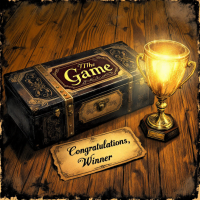 A shimmering trophy stands beside a decorative box labeled The Game, with a sign reading Congratulations, Winner, capturing the bittersweet essence of competition and its inevitable end.