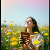 A young woman smiles with joy while holding a book titled Forgiveness in a vibrant flower field, symbolizing the healing power of forgiveness and moving forward.