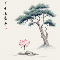 An elegant lotus blossoms beside a gnarled tree, symbolizing the nurturing power of compassion amidst neglect, resonating with the essence of human nature flourishing in care.