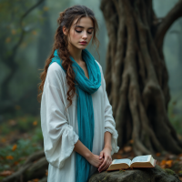 A young woman in a flowing white dress and blue scarf stands in a misty forest, contemplatively gazing at an open book, embodying the spirit of transformation and growth.