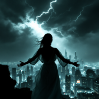 A silhouetted figure in a flowing dress stands on a rooftop, arms outstretched towards a stormy skyline illuminated by lightning, embodying the internal struggle of self-battle.