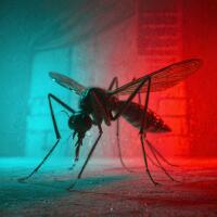 A large mosquito-like creature with glowing eyes in a dimly lit, eerie environment, symbolizing an anaesthetic effect that enables stealthy evasion before full manifestation.