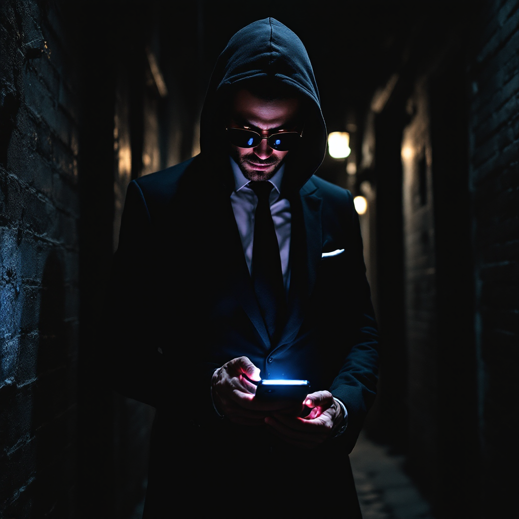 A figure in a dark alley wears a suit and hoodie, holding a glowing phone. The atmospheric lighting and shadows evoke a sense of secrecy, reflecting the quote about espionage.