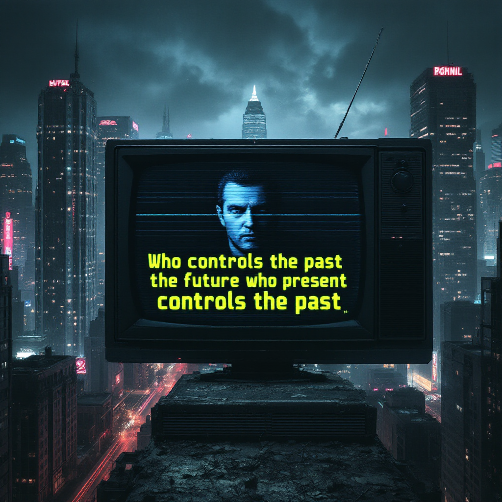 A vintage television sits on a rooftop in a futuristic cityscape, displaying the quote: Who controls the past controls the future. Who controls the present controls the past.