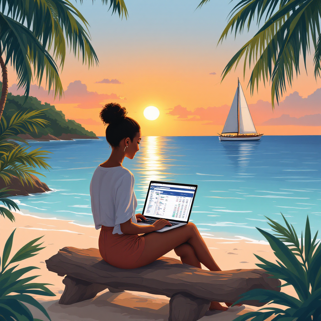 A woman sits on a beach log, working on her laptop as the sun sets over the ocean, embodying the transition from earned income to passive financial freedom.