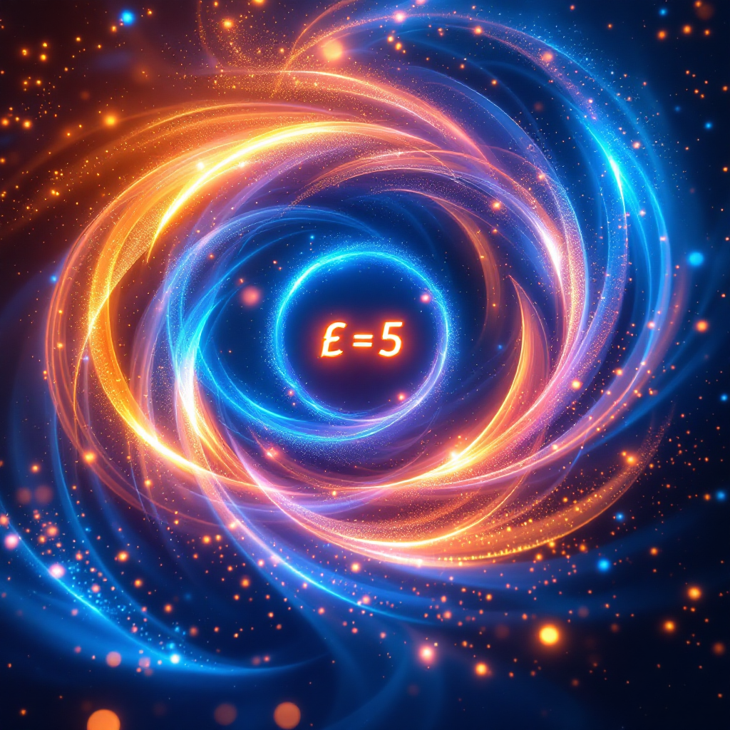 A vibrant swirl of blue and orange energy orbits around the equation E=5, visually representing the transformation of energy as described by the laws of thermodynamics.