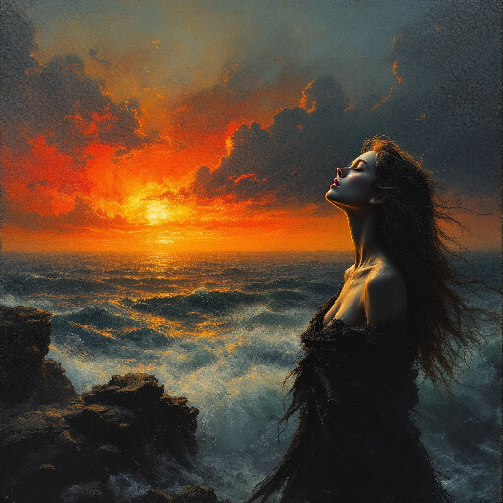 A woman stands on rocky shores, gazing upward as the sun sets, casting vibrant colors across the turbulent sea, embodying the dual nature of hope and despair.