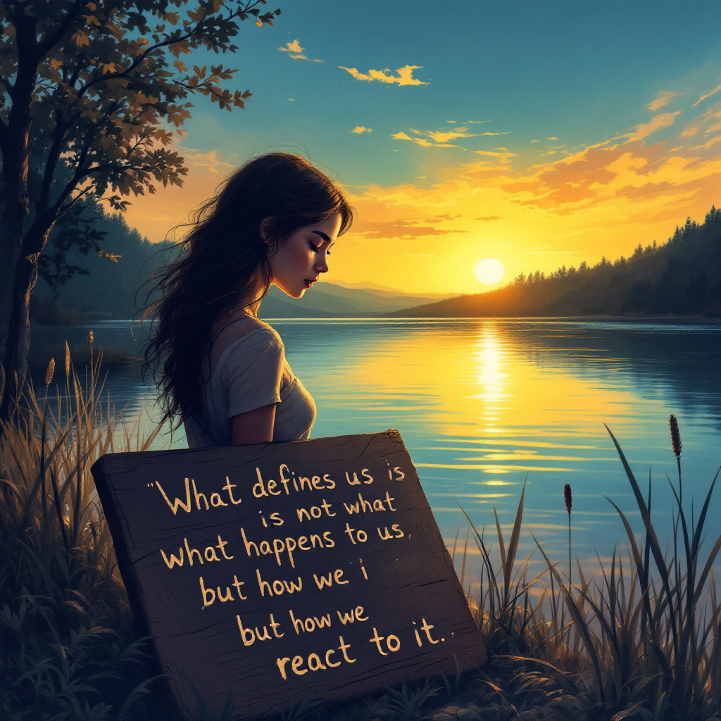 A contemplative young woman stands by a serene lake at sunset, reading a wooden sign that quotes, What defines us is not what happens to us, but how we react to it.